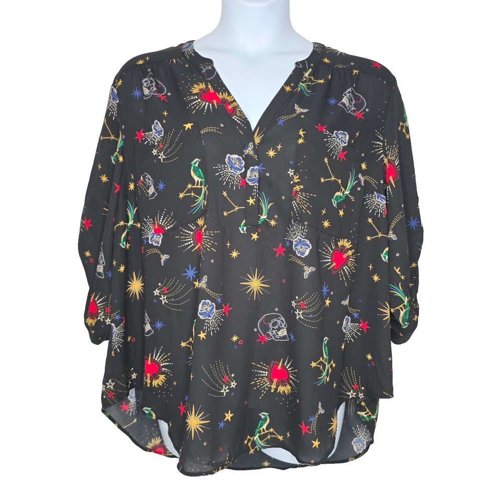 Torrid Blouse Top Womens 3 3X Harper Georgette Skulls Stars 3/4 Sleeves NEW Goth